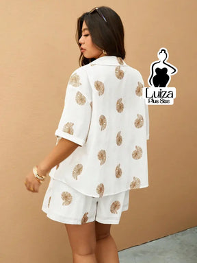 Conjunto Camisa Short Estampa Tropical Casual Verão Plus Size