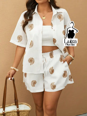 Conjunto Camisa Short Estampa Tropical Casual Verão Plus Size