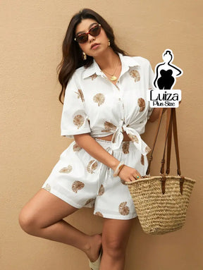 Conjunto Camisa Short Estampa Tropical Casual Verão Plus Size