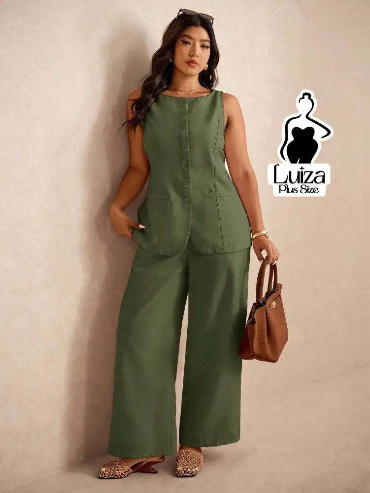 Conjunto Colete Alfaiataria Calça Pantalona Elegante Plus Size