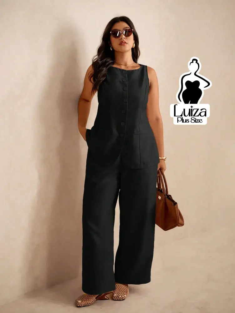 Conjunto Colete Alfaiataria Calça Pantalona Elegante Plus Size