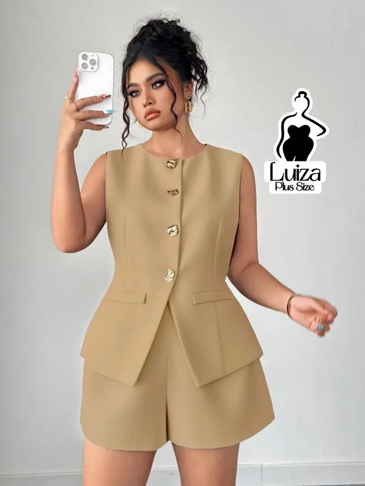 Conjunto Colete Alfaiataria Sem Mangas Short Elegante Plus Size
