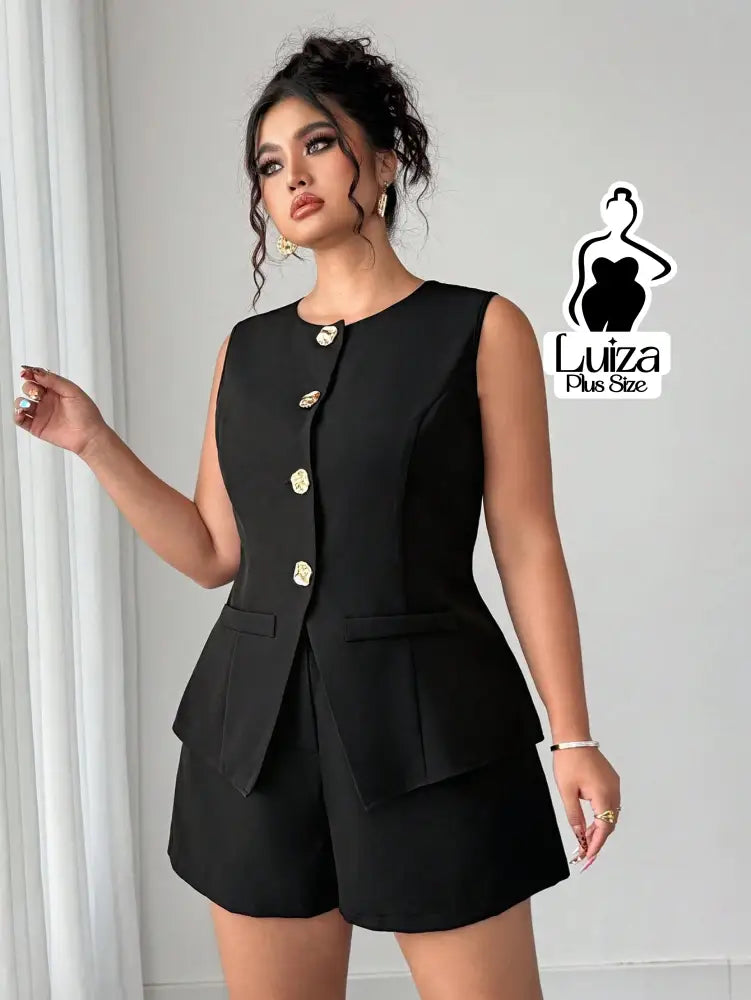 Conjunto Colete Alfaiataria Sem Mangas Short Elegante Plus Size