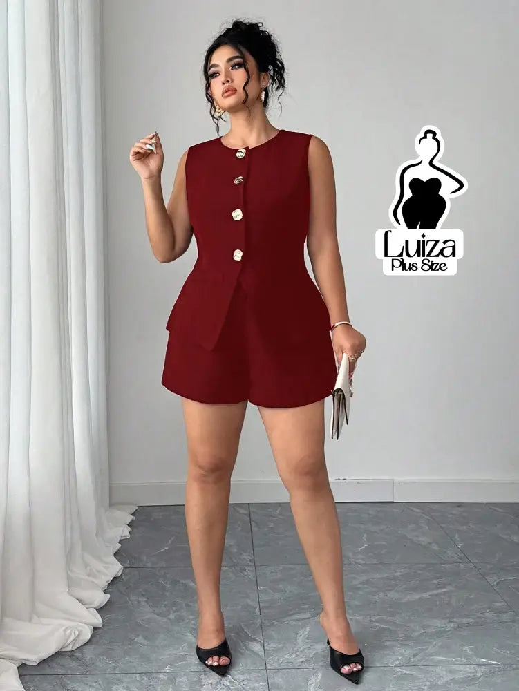 Conjunto Colete Alfaiataria Sem Mangas Short Elegante Plus Size