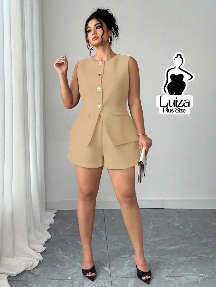 Conjunto Colete Alfaiataria Sem Mangas Short Elegante Plus Size