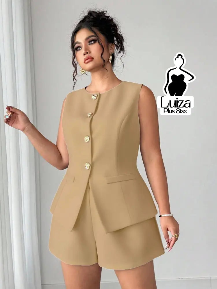 Conjunto Colete Alfaiataria Sem Mangas Short Elegante Plus Size