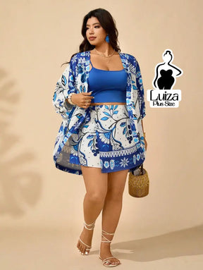 Conjunto Kimono Saia Curta Estampa Floral Casual Chic Plus Size