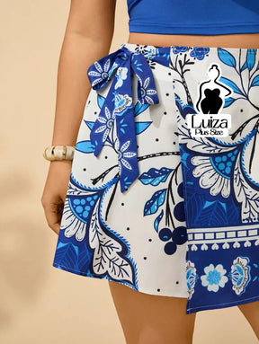 Conjunto Kimono Saia Curta Estampa Floral Casual Chic Plus Size