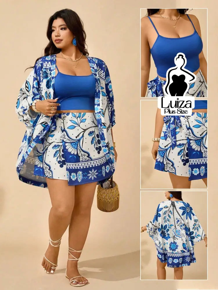 Conjunto Kimono Saia Curta Estampa Floral Casual