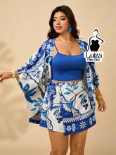 Conjunto Kimono Saia Curta Estampa Floral Casual Chic Plus Size