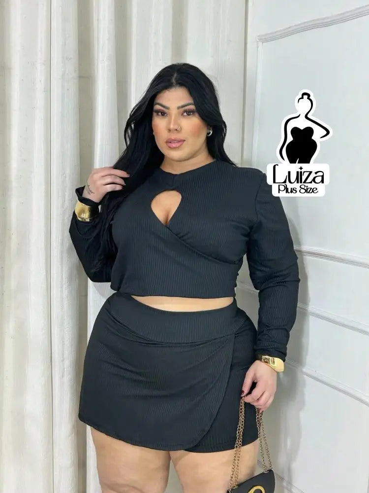 Conjunto Saia Curta Blusa Manga Longa Recortes Plus Size