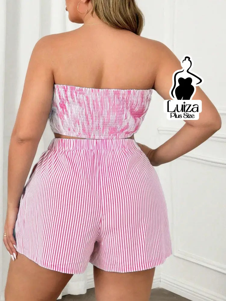 Conjunto Tomara Que Caia Listrado Short Casual Verão Plus Size