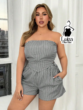 Conjunto Tomara Que Caia Listrado Short Casual Verão Plus Size
