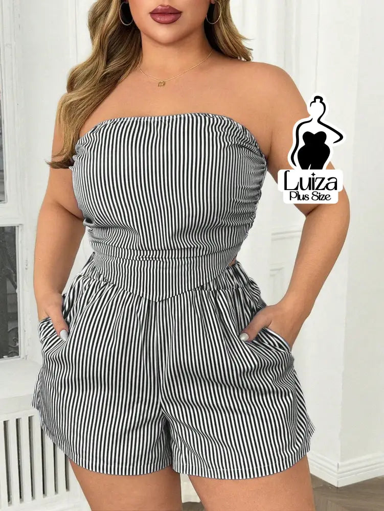 Conjunto Tomara Que Caia Listrado Short Casual Verão Plus Size