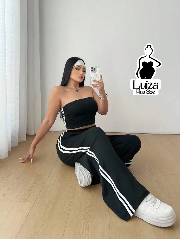 Conjunto Top Faixa Calça Pantalona Estilo Street Plus Size