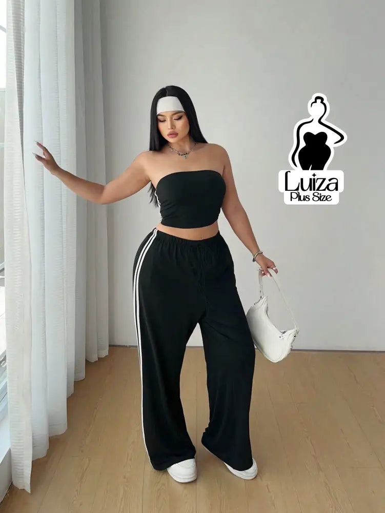 Conjunto Top Faixa Calça Pantalona Estilo Street Plus Size