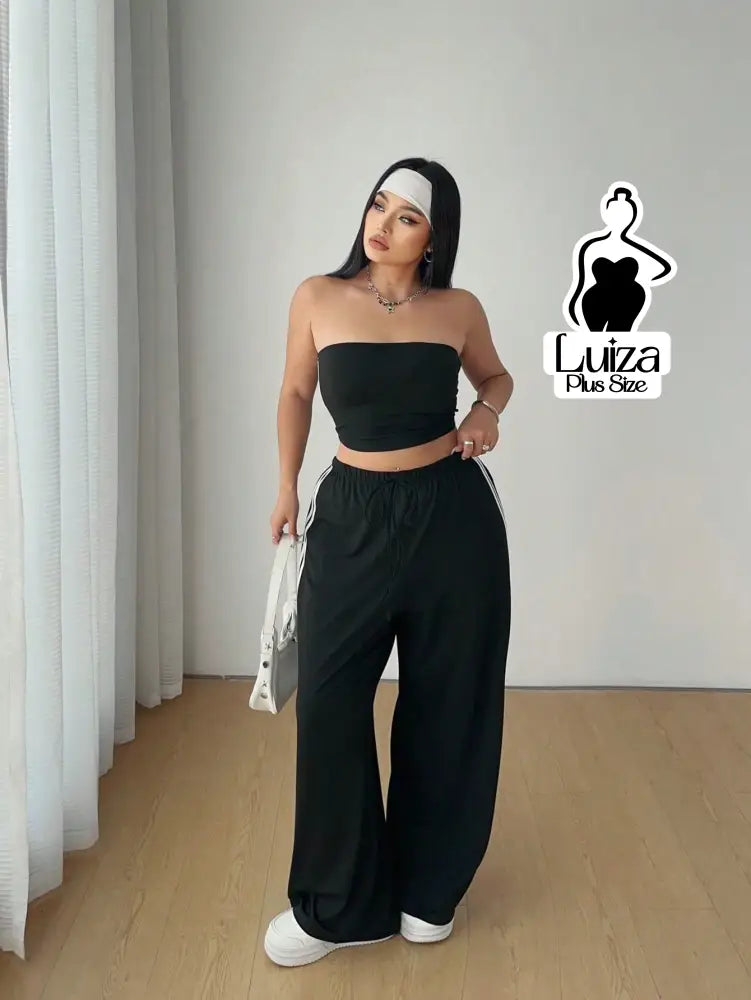 Conjunto Top Faixa Calça Pantalona Estilo Street Plus Size