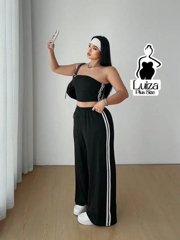 Conjunto Top Faixa Calça Pantalona Estilo Street Plus Size
