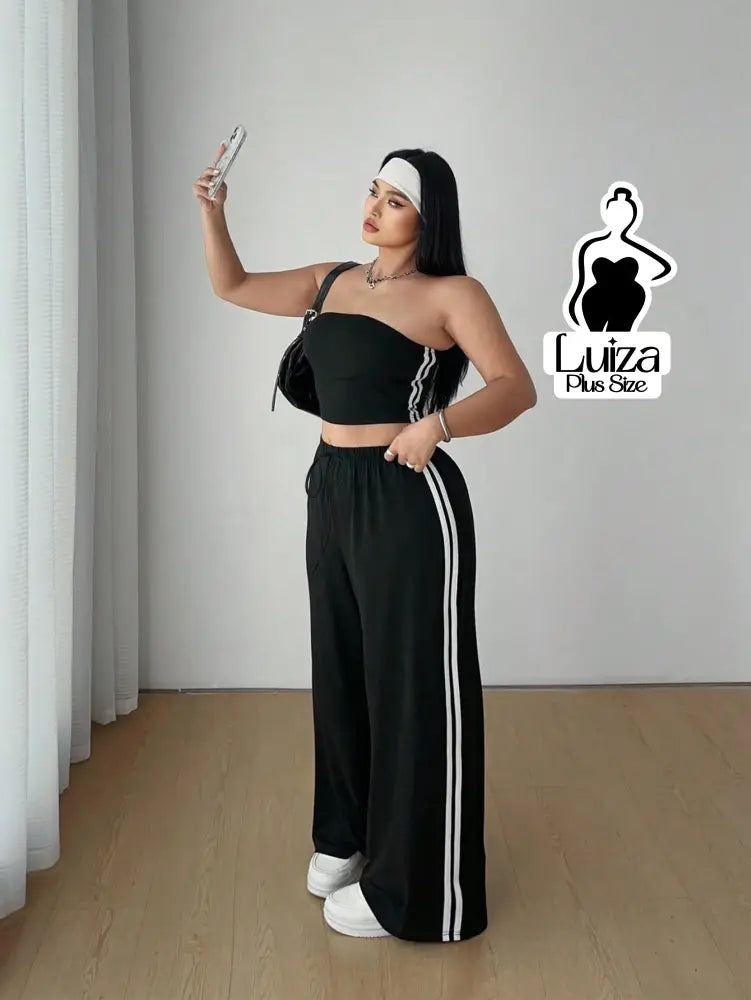 Conjunto Top Faixa Calça Pantalona Estilo Street Plus Size