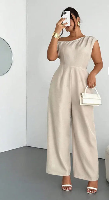 Macacão Longo Pantalona Decote Assimétrico Elegante