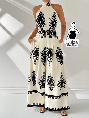 Macacão Longo Pantalona Estampa Geométrica Elegante Plus Size