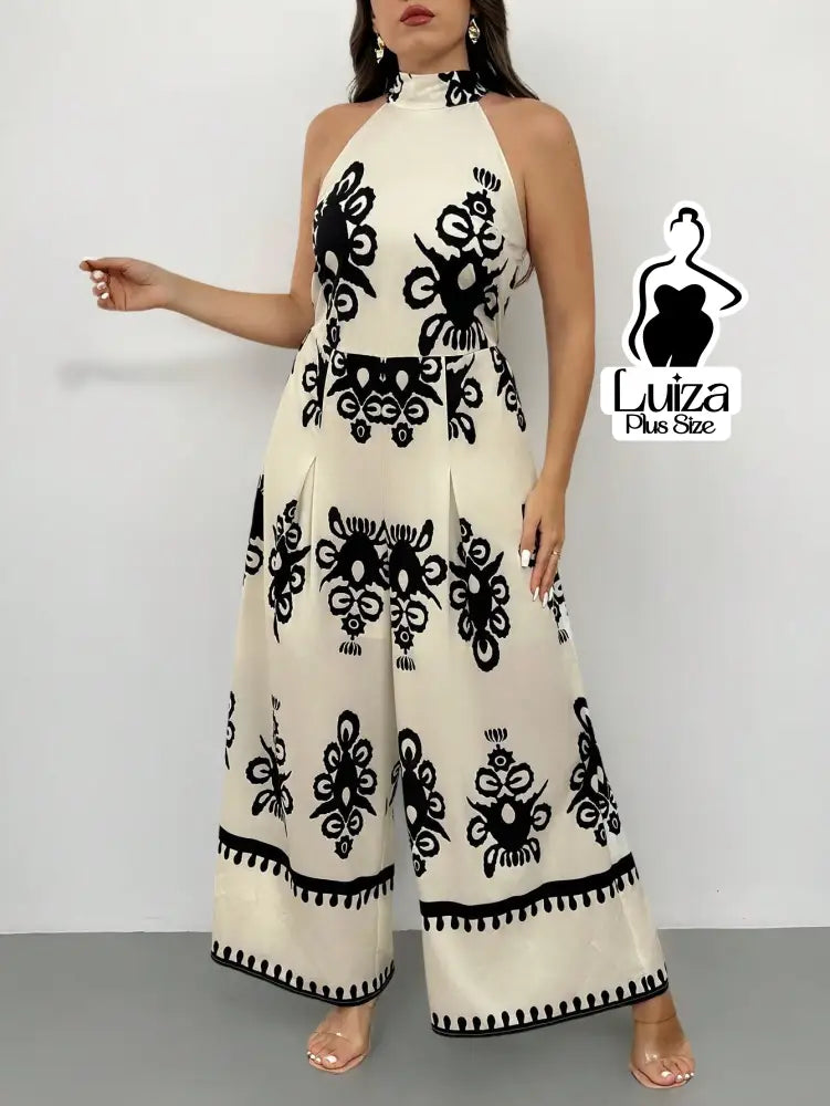 Macacão Longo Pantalona Estampa Geométrica Elegante Plus Size