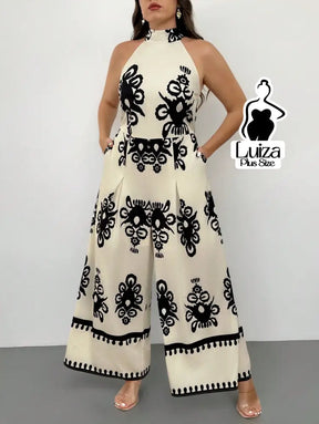 Macacão Longo Pantalona Estampa Geométrica Elegante Plus Size