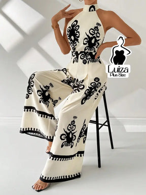 Macacão Longo Pantalona Estampa Geométrica Elegante Plus Size