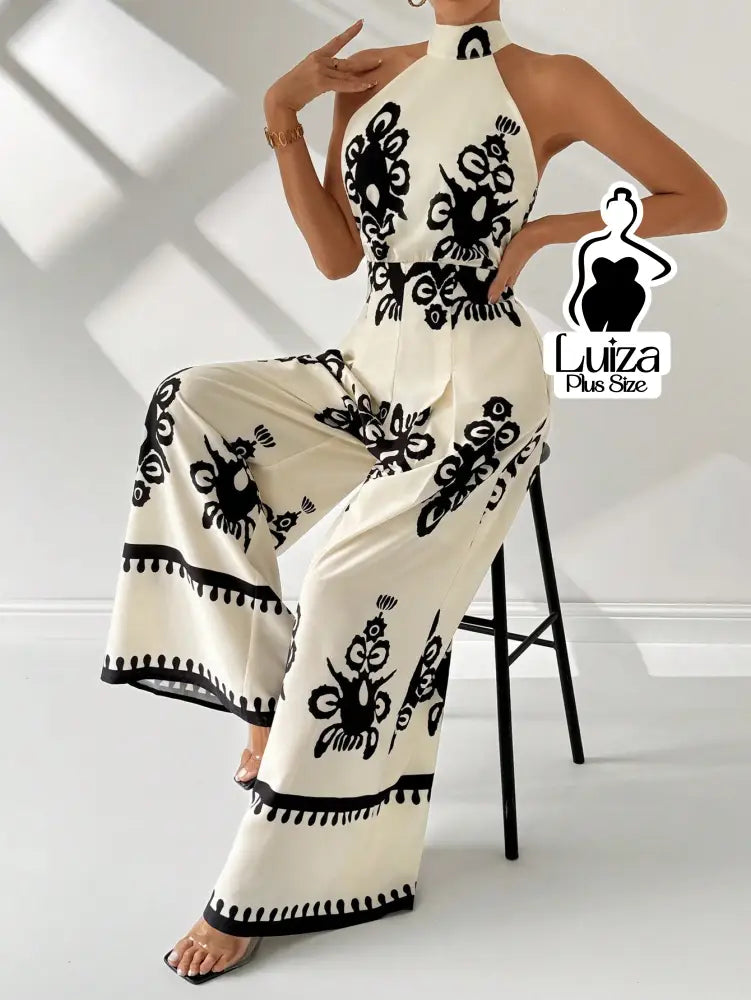 Macacão Longo Pantalona Estampa Geométrica Elegante Plus Size