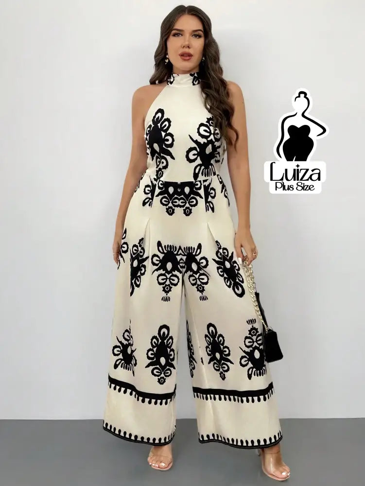 Macacão Longo Pantalona Estampa Geométrica Elegante Plus Size