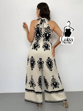 Macacão Longo Pantalona Estampa Geométrica Elegante Plus Size