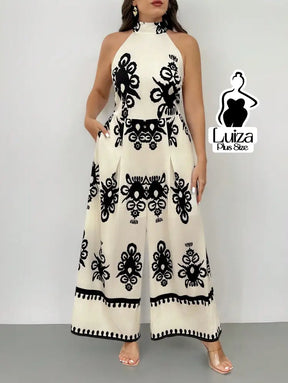 Macacão Longo Pantalona Estampa Geométrica Elegante Plus Size