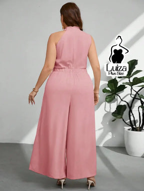 Macacão Longo Sem Mangas Gola Alta Drapeada Plus Size