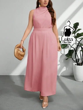 Macacão Longo Sem Mangas Gola Alta Drapeada Plus Size