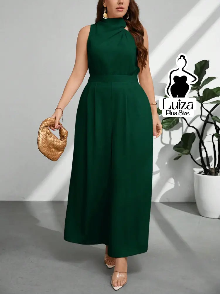 Macacão Longo Sem Mangas Gola Alta Drapeada Plus Size