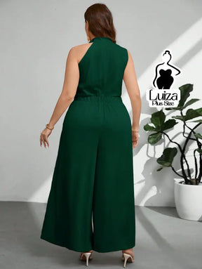 Macacão Longo Sem Mangas Gola Alta Drapeada Plus Size