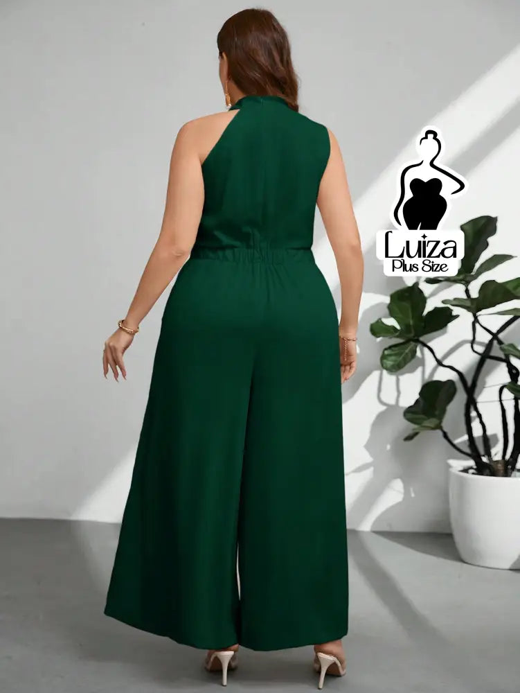 Macacão Longo Sem Mangas Gola Alta Drapeada Plus Size