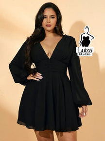 Vestido Curto Chiffon Manga Longa Decote V Plus Size