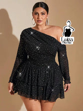 Vestido Curto Ombro Só Manga Longa Brilho Plus Size