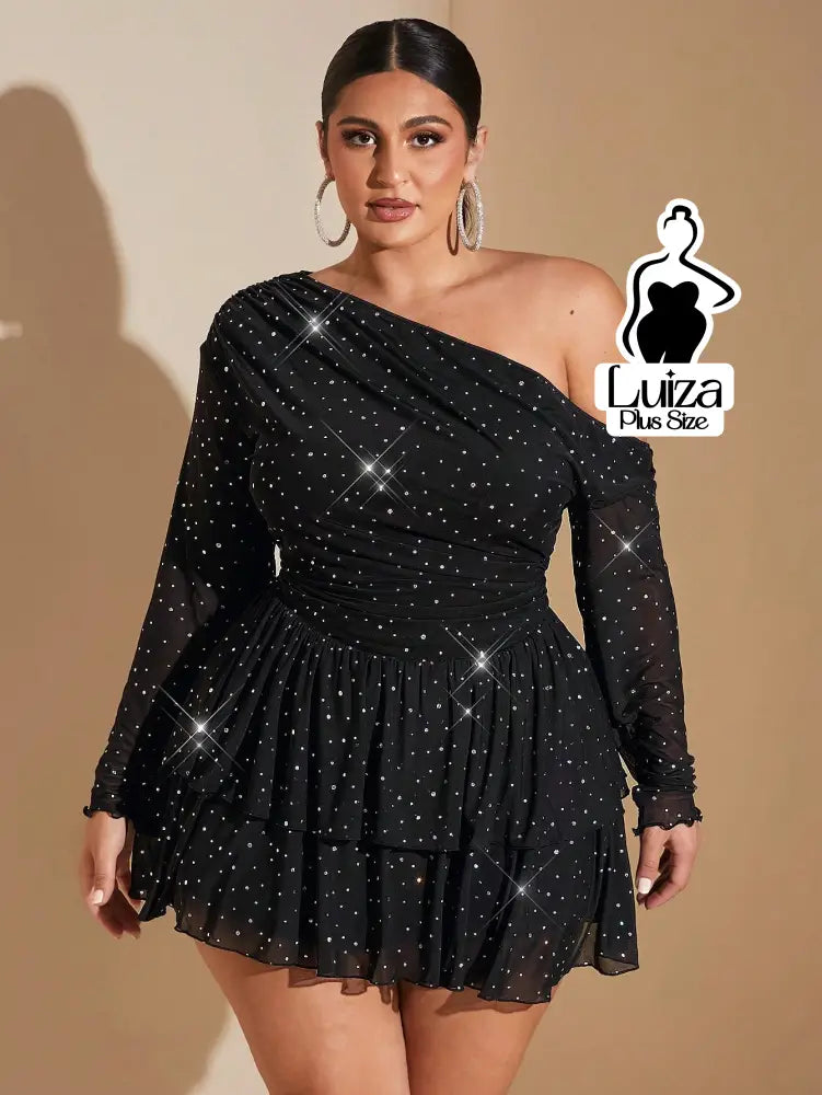 Vestido Curto Ombro Só Manga Longa Brilho Plus Size
