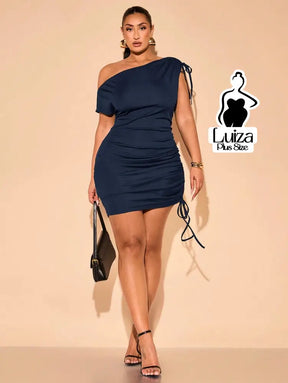 Vestido Curto Um Ombro Só Amarração Drapeado Plus Size