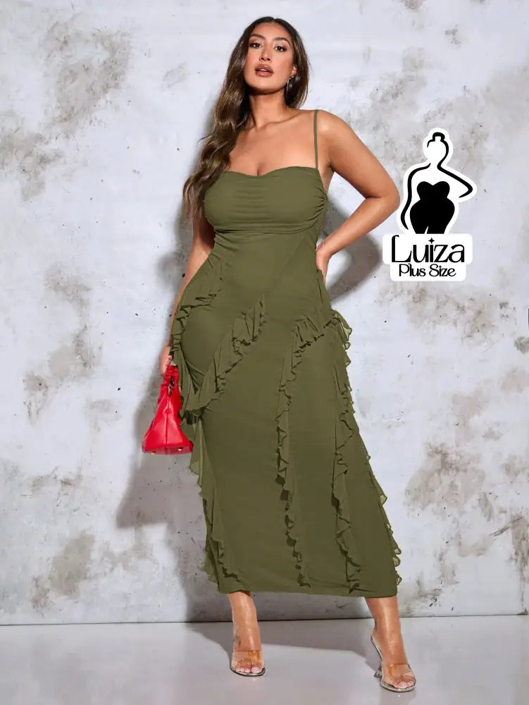 Vestido Longo Ajustado Babados Costas Abertas Plus Size