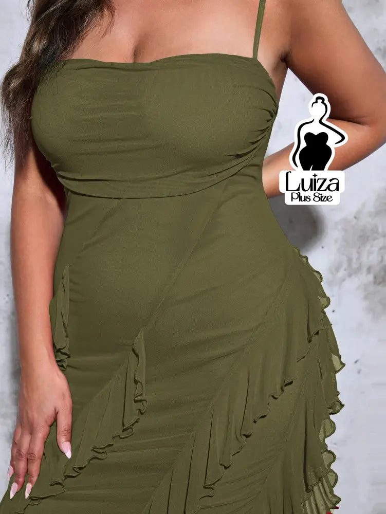 Vestido Longo Ajustado Babados Costas Abertas Plus Size