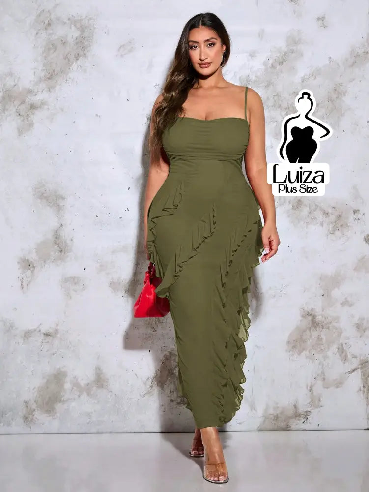 Vestido Longo Ajustado Babados Costas Abertas Plus Size