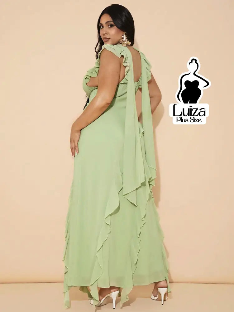 Vestido Longo Assimétrico Babados Laço Nas Costas Plus Size