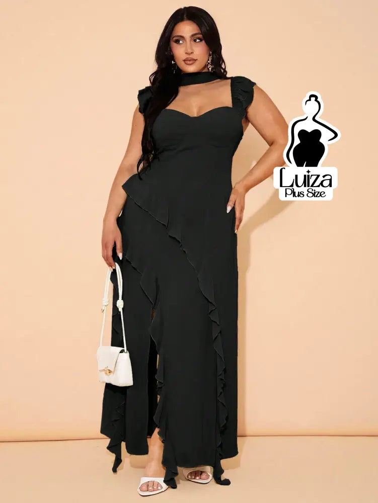 Vestido Longo Assimétrico Babados Laço Nas Costas Plus Size