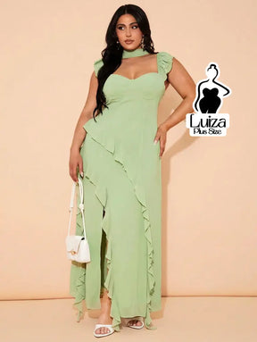 Vestido Longo Assimétrico Babados Laço Nas Costas Plus Size