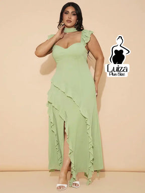 Vestido Longo Assimétrico Babados Laço Nas Costas Plus Size