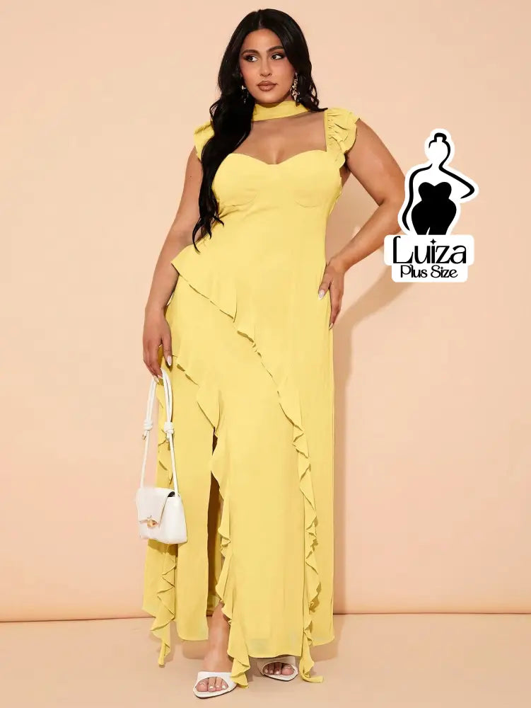 Vestido Longo Assimétrico Babados Laço Nas Costas Plus Size