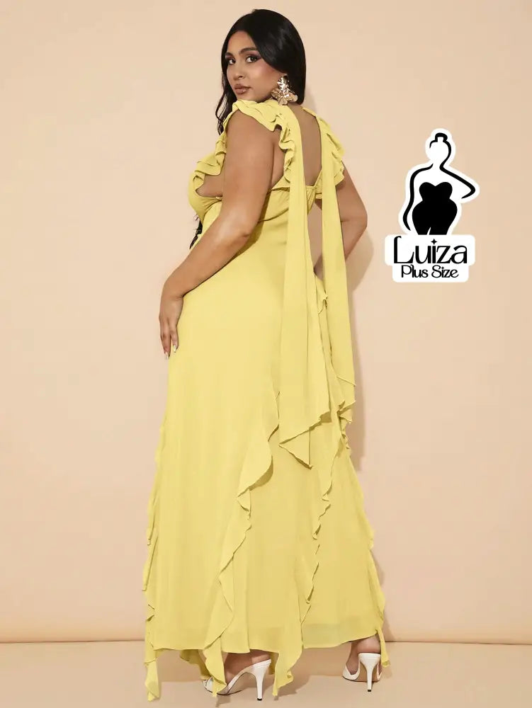 Vestido Longo Assimétrico Babados Laço Nas Costas Plus Size